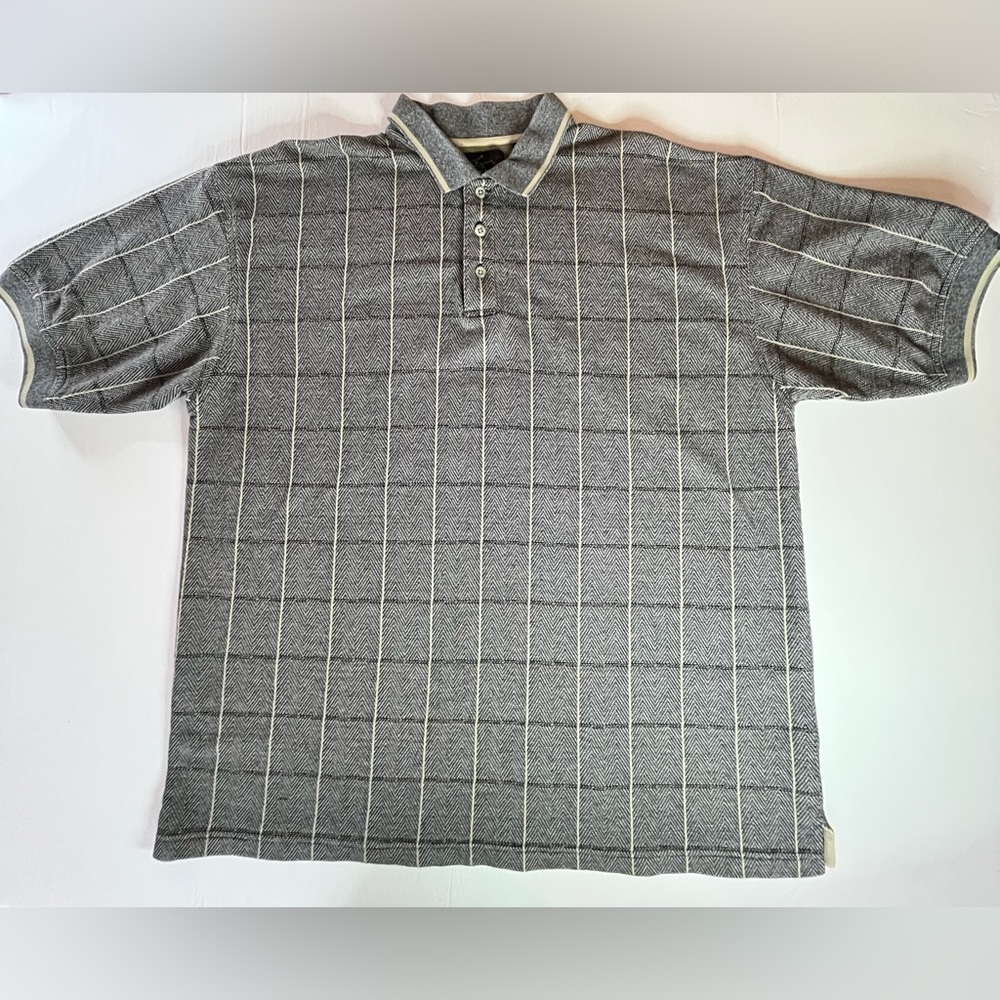 Greg Norman Polo Shirt Men's Size XL Gray Brown Tan Stripes Golf Short Sleeve